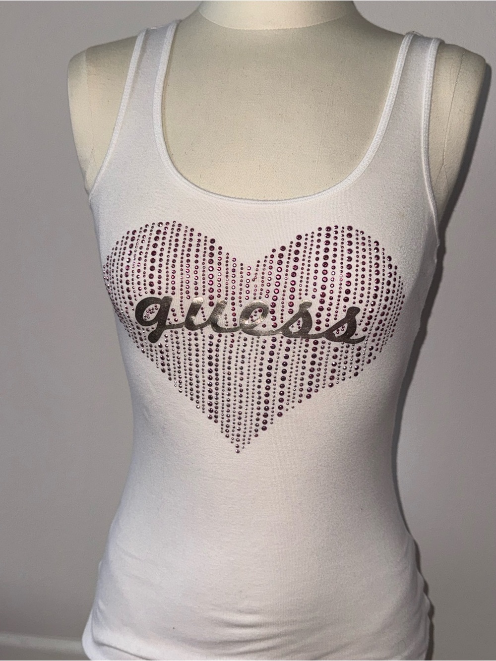GUESS White Tank with Pink Rhinestone Heart Logo - Picture 2 of 5